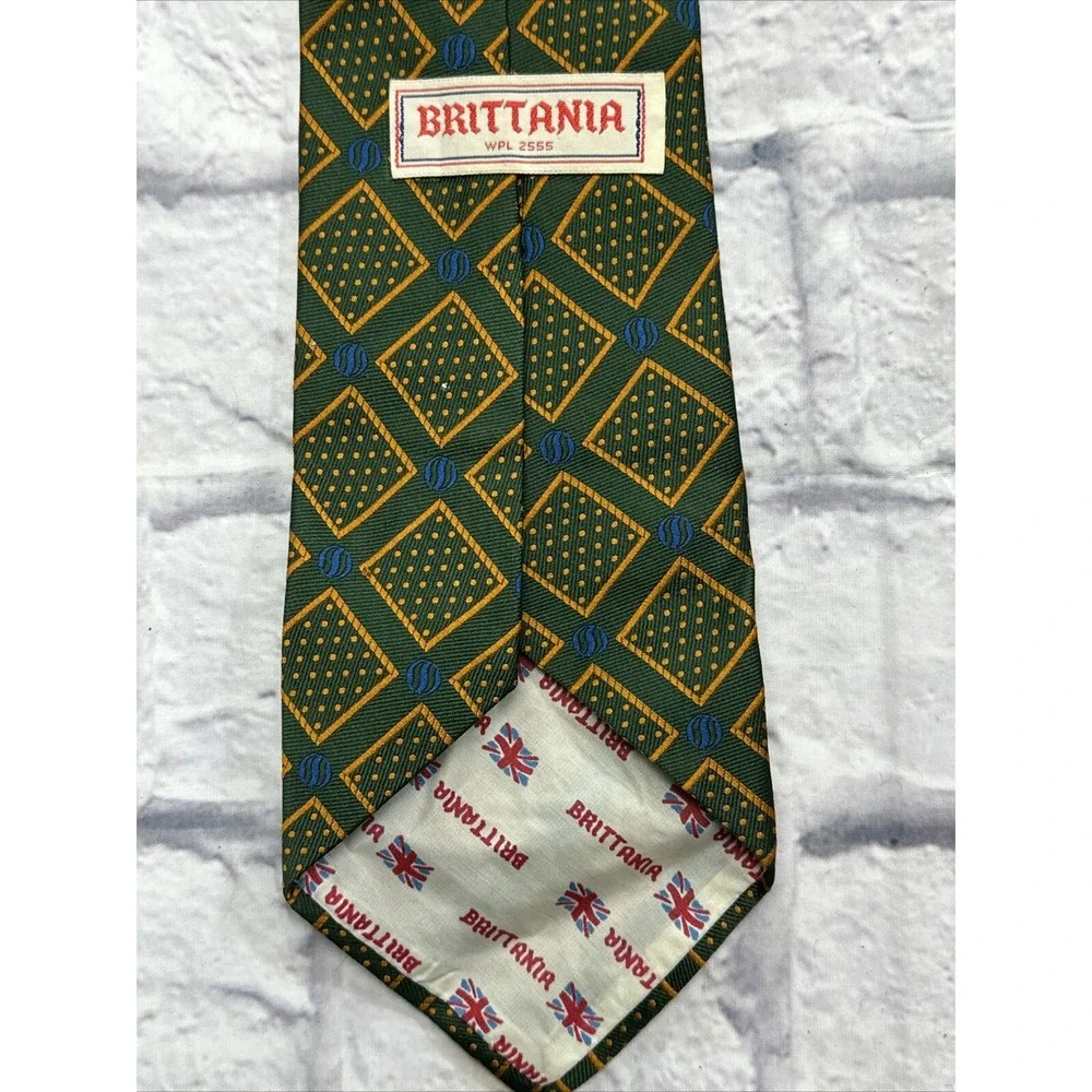 Brittania Vintage Blue Green Gold Square Dot Link S Polyester Wide Tie Neck 52